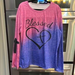 Gradient Pink‎ and Blue 'Blessed' Long Sleeve Blouse